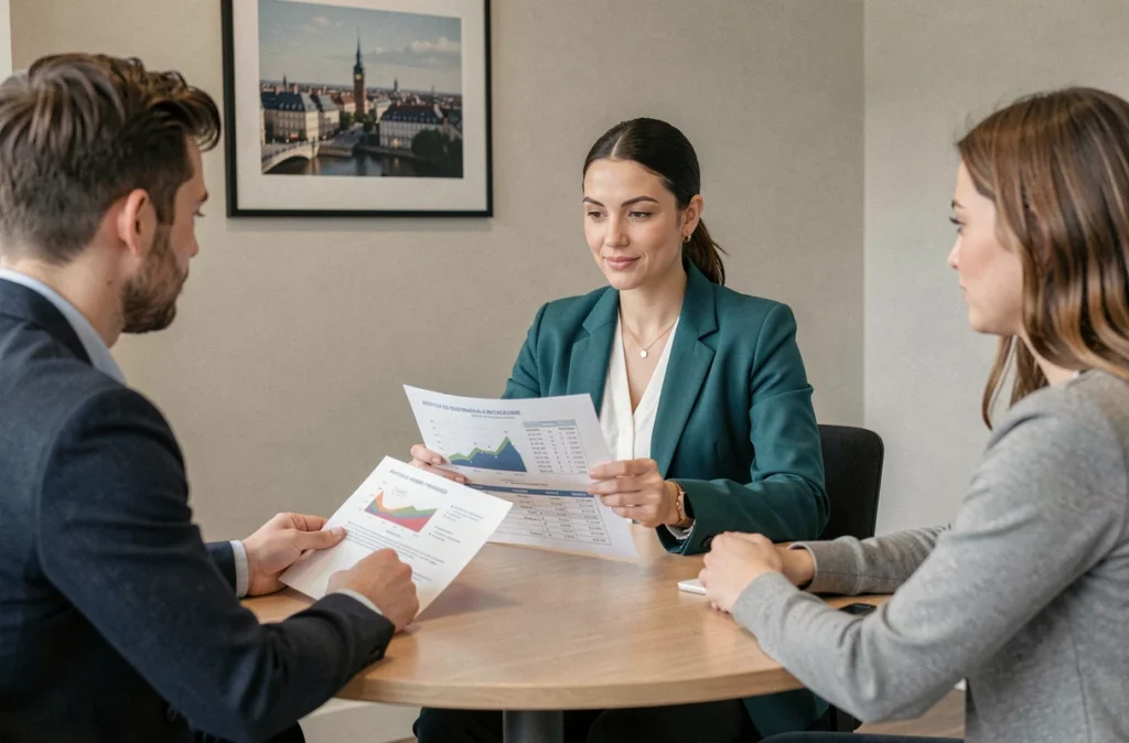 Une conseillère BDLPrêt présente un plan de financement immobilier personnalisé à des clients à Rennes