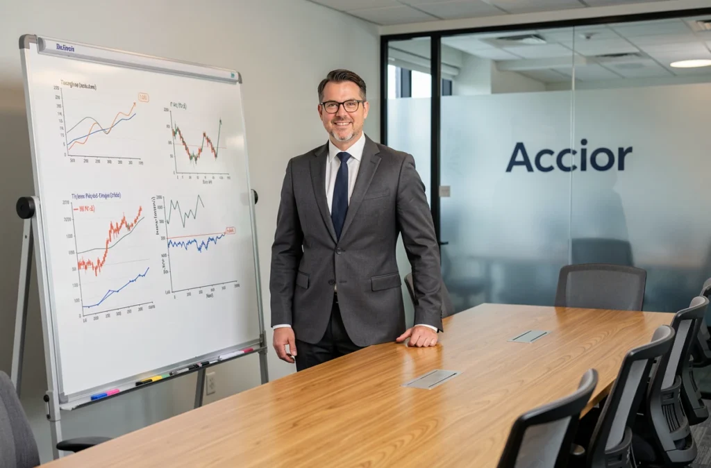 Expert-comptable du cabinet Accior en Vendée présentant des analyses devant un tableau de bord financier