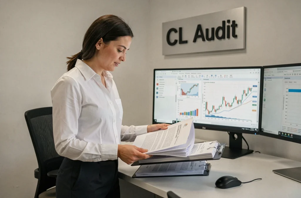Auditrice du cabinet CL Audit en Vendée examinant un rapport d'audit financier à son poste de travail