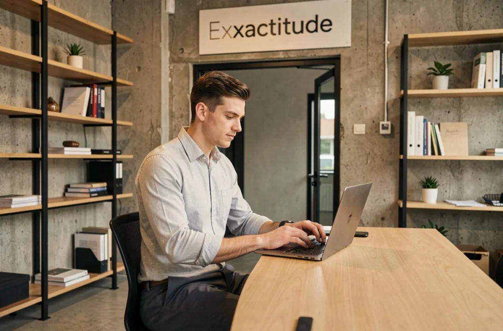 Comptable du cabinet Exxactitude en Vendée travaillant sur des données financières dans un espace moderne