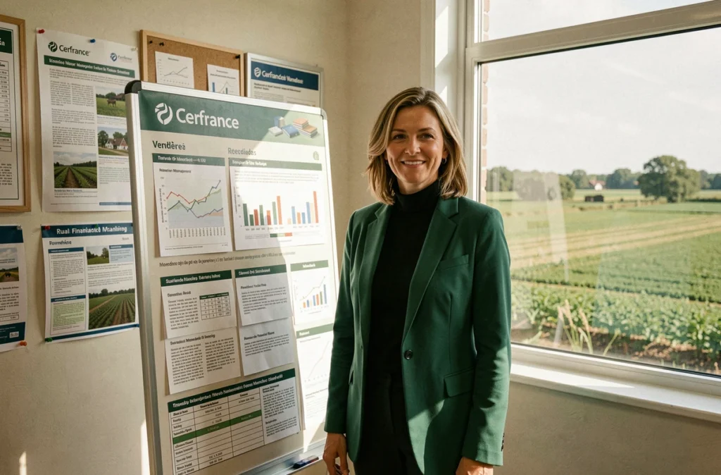 Conseillère du réseau Cerfrance Vendée spécialisée en comptabilité agricole devant un affichage de services