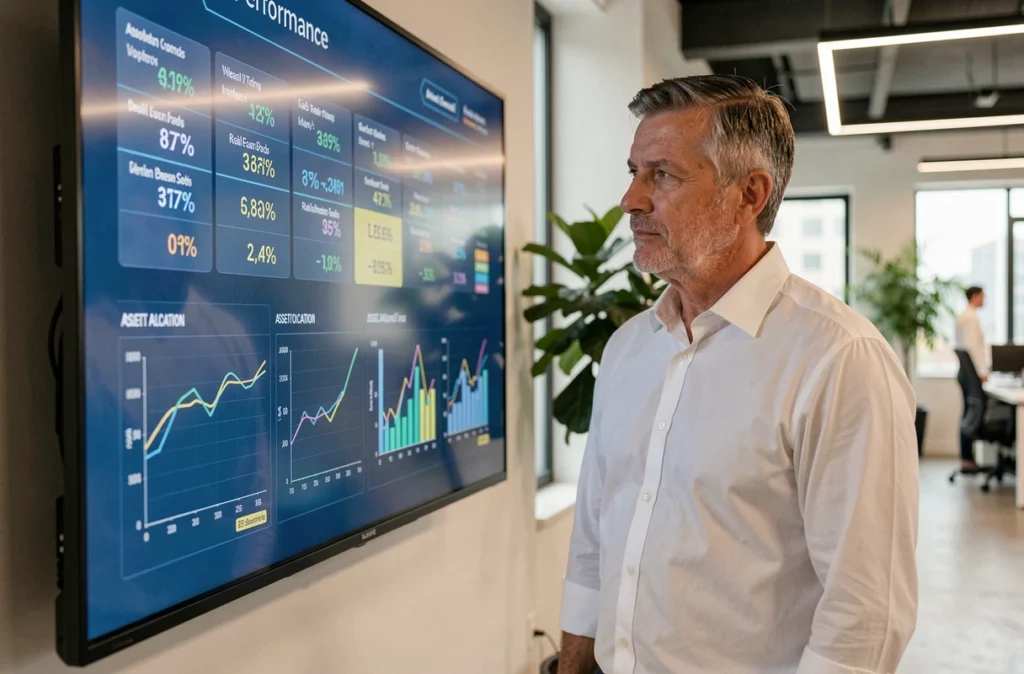 Conseiller financier présentant des indicateurs de performance de SCPI sur un écran mural