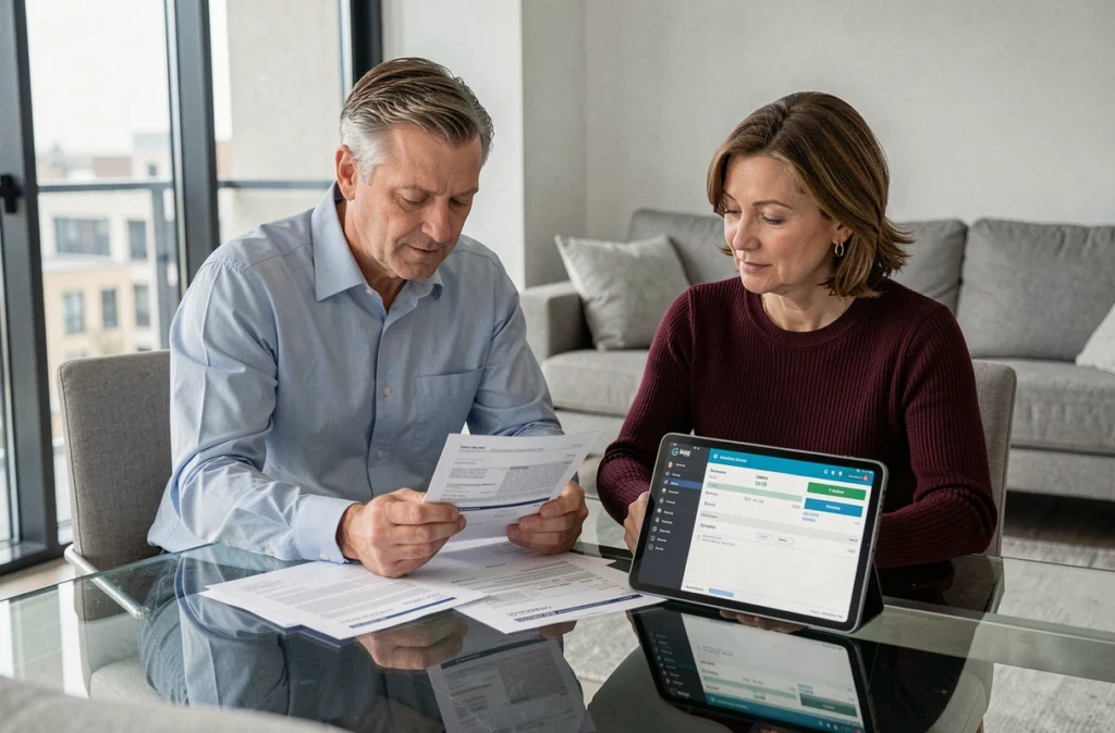 Couple de professionnels vérifiant leurs relevés bancaires et leur espace client Progéliance sur tablette à domicile
