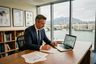 Courtier en rachat de crédit en Auvergne-Rhône-Alpes travaillant dans un bureau moderne avec vue sur Lyon