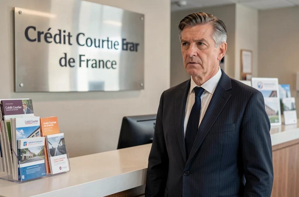 Courtier de Crédit Courtier de France devant la réception de son agence professionnelle