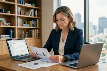 Femme analysant des documents financiers pour comparer des critères de SCPI à son bureau
