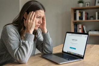 Femme frustrée devant un écran d'ordinateur affichant une erreur de connexion sur son compte bancaire en ligne