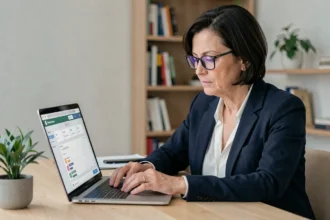 Femme consultant son espace client bancaire Progéliance sur un ordinateur portable dans un bureau à domicile moderne