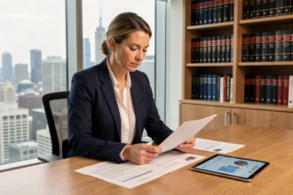 Femme professionnelle étudiant des documents d'investissement immobilier en SCPI ou SCI dans un bureau moderne avec vue sur la ville