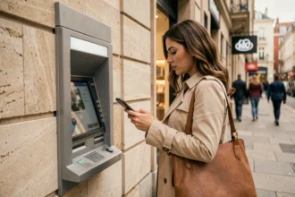Femme vérifiant la disponibilité d'un distributeur automatique de billets via son smartphone avant de retirer de l'argent