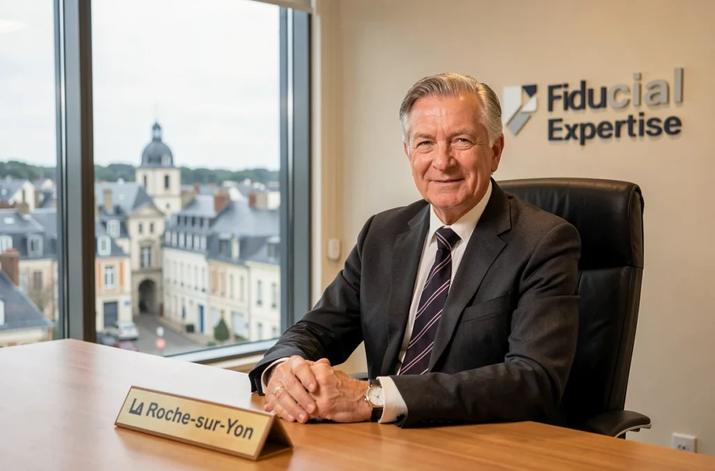 Expert-comptable senior de Fiducial Expertise à La Roche-sur-Yon dans son bureau avec vue sur la ville