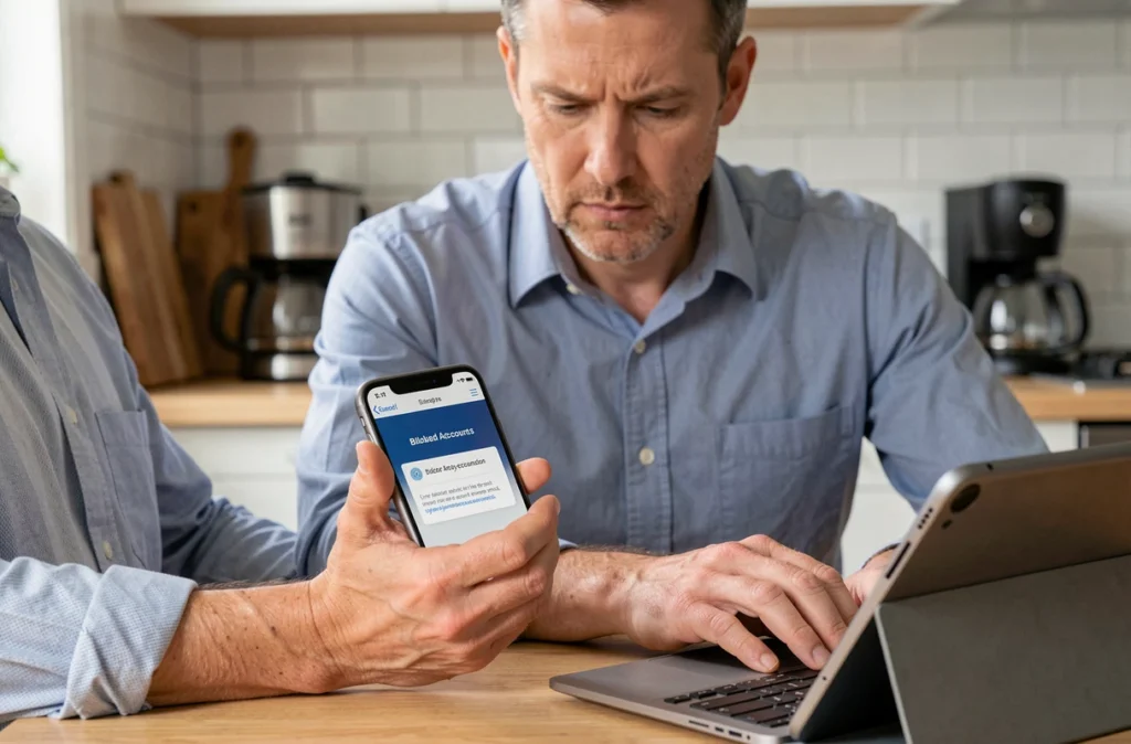 Homme consultant son application bancaire mobile affichant un blocage d'accès à son compte en ligne