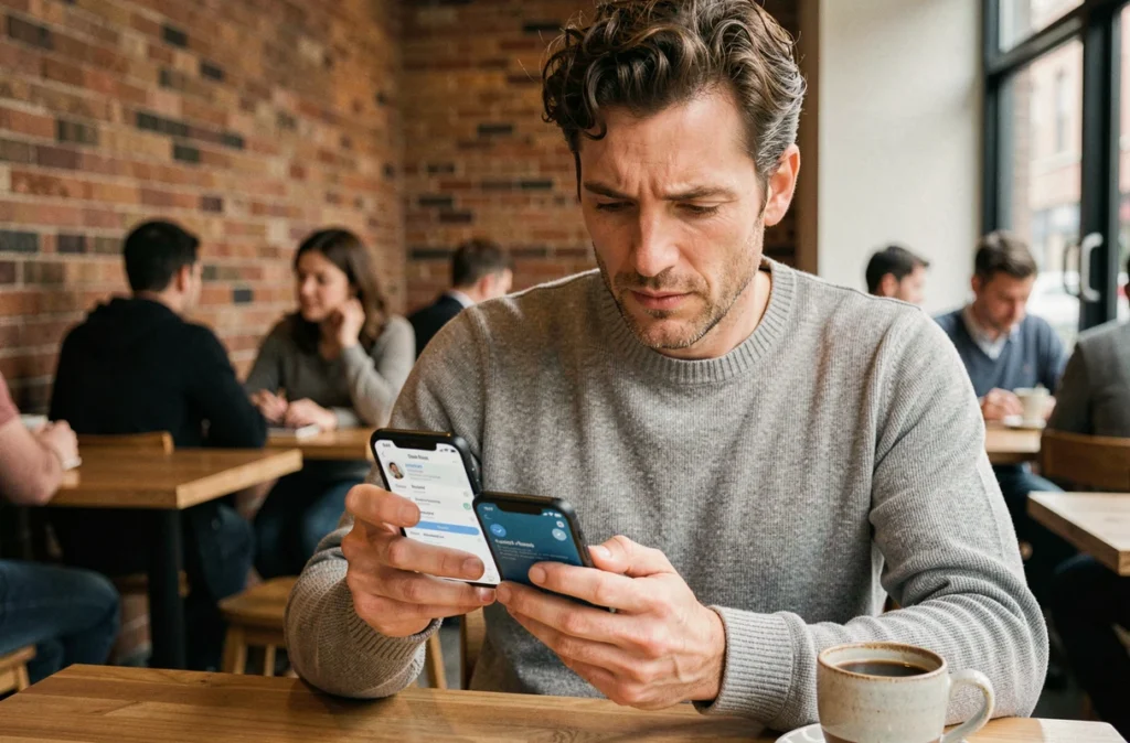 Homme utilisant une application bancaire sécurisée sur smartphone dans un café urbain pour accéder à son espace client