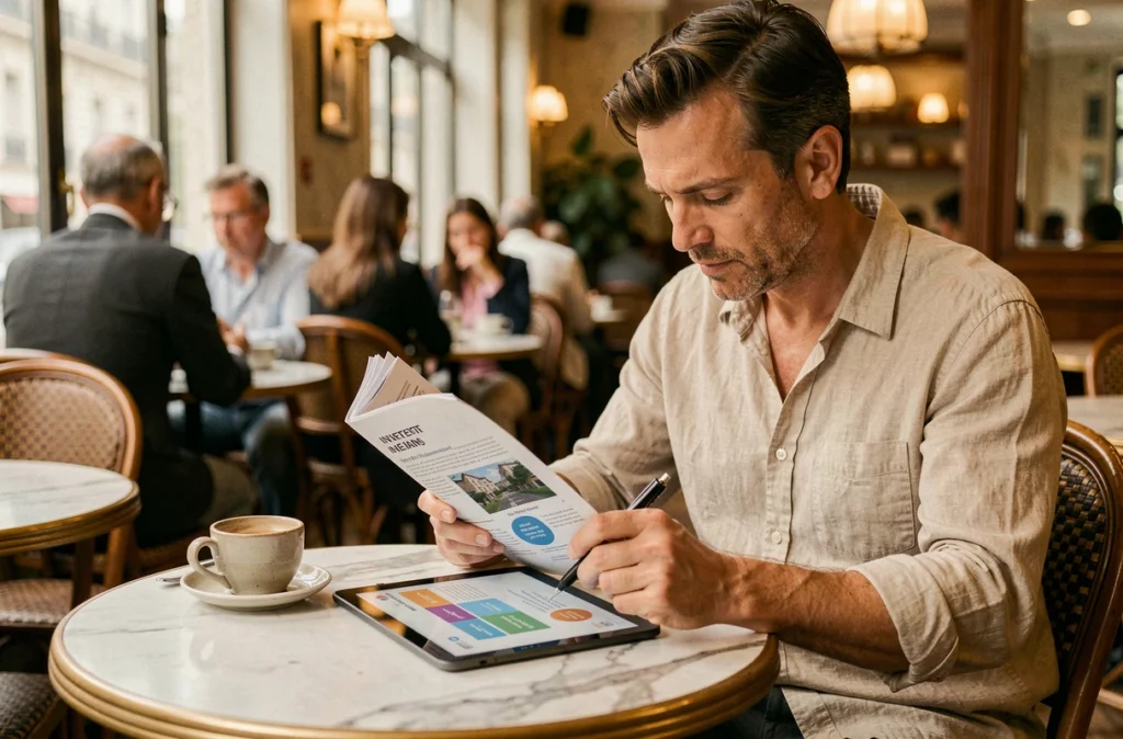 Homme lisant un comparatif de SCPI sur tablette dans un café parisien