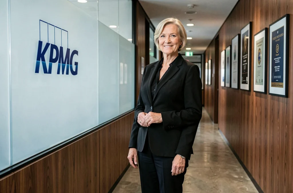 Auditrice senior du cabinet KPMG Vendée dans le couloir du siège avec signalétique corporative visible