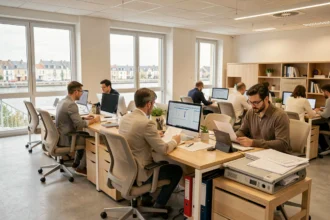 Vue d'ensemble d'un cabinet comptable moderne en Vendée avec des professionnels travaillant sur des documents financiers