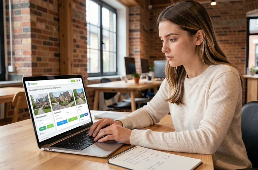 Une utilisatrice consulte le service en ligne monemprunt.com pour comparer des offres de crédit immobilier