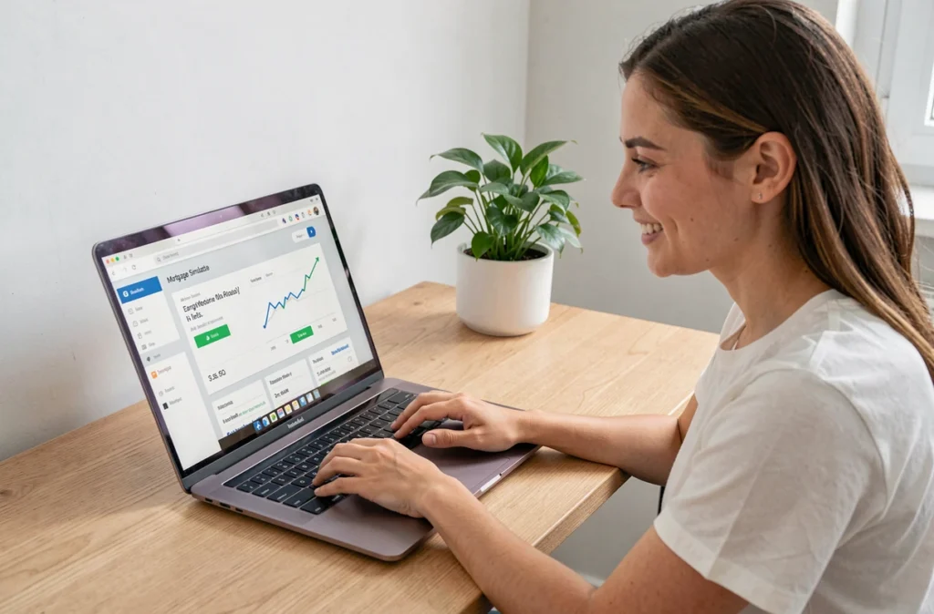 Une utilisatrice de la plateforme Pretto simule son prêt immobilier en ligne depuis chez elle