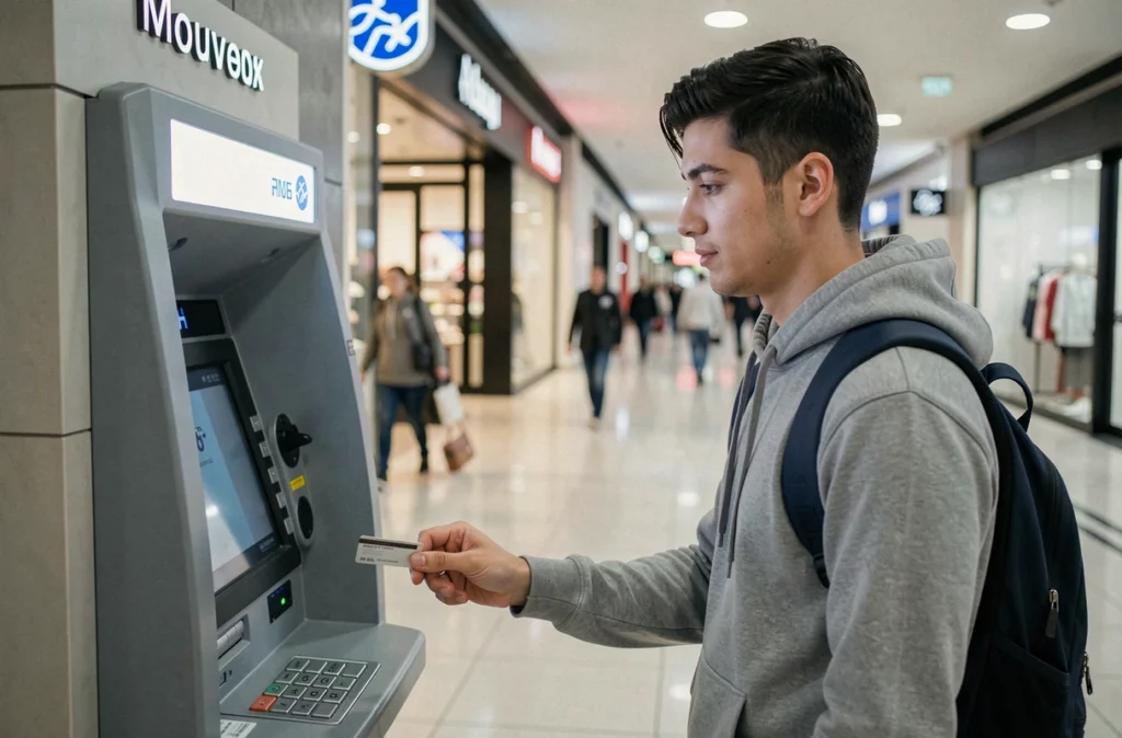 Jeune homme effectuant un retrait DAB dans un distributeur automatique situé à l'intérieur d'un centre commercial