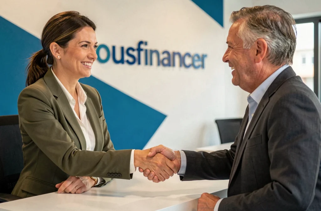 Courtière Vousfinancer serrant la main d'un client après un accord de rachat de crédit