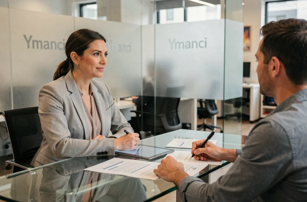 Conseillère Ymanci Lyon en consultation avec des clients pour un rachat de crédit