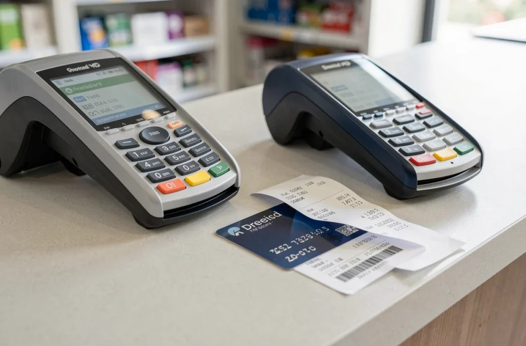 Carte prépayée et ticket de caisse posés sur un comptoir