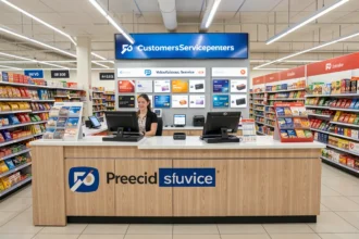 Comptoir d'accueil d'un supermarché avec présentoir de cartes prépayées